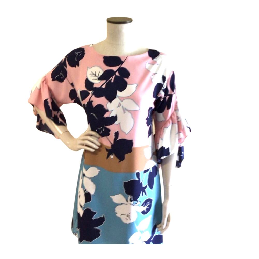 TAYLOR CHIC SHIFT DRESS FLOUNCE SLEEVES LINED SOFT PINK BLACK/WHITE FLORALS  10